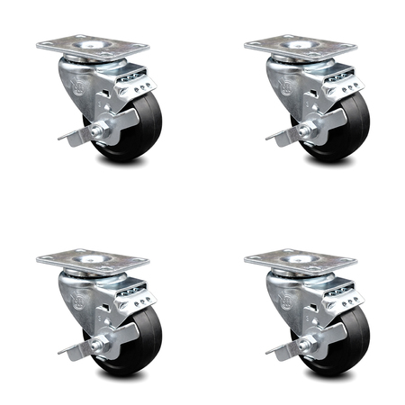 SERVICE CASTER 3.5 Inch Soft Rubber Wheel Swivel Top Plate Caster Set with Brake SCC-20S3514-SRS-TLB-4